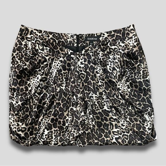BEBE Y2K MOB WIFE SATIN BUBBLE HEM ANIMAL PRINT PARTY MINI SKIRT BROWN 10 - Picture 1 of 7